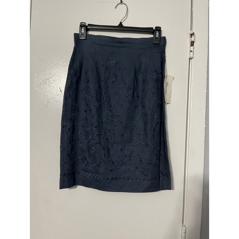 JSong Collection Navy Blue 100% Linen Embroidered Eyelet Skirt Size 6 NWT